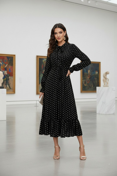 DRESSIFY WOMEN’S FASHION Women's Long Sleeve Lapel Lace-Up Polka Dot Crepe Lo...