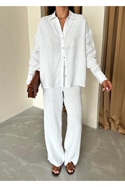 My Blog White Linen Shirt and Pants Set with Back Tie Detail