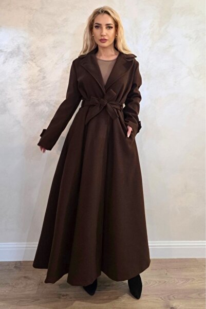 FashionForYou Long Coat with Buttons Merina, Pleats and Belt, Brown, Size S/M/L