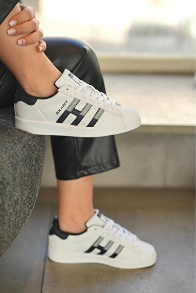 SOLAZER Women's White Navy Blue Stripe Detailed Orthopedic Sneaker 059-K