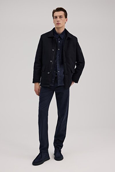 Jakamen Navy Blue Slim Fit Mono Collar Wool Coat