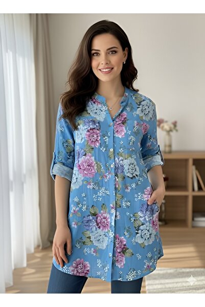AGORATEKSTİL Women's Original Italian Floral Patterned Short Shirt Dress
