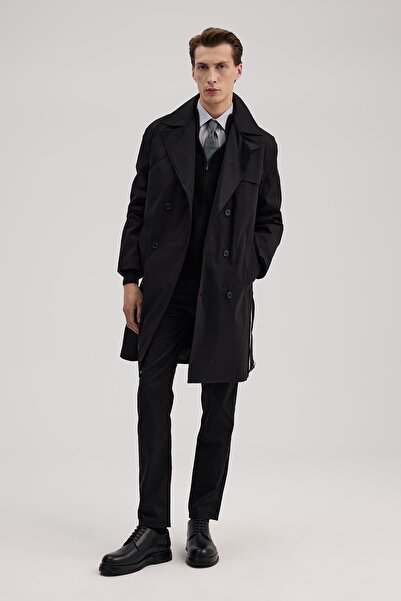 Jakamen Black Comfort Fit Double-Breasted Long Belted Trench Coat