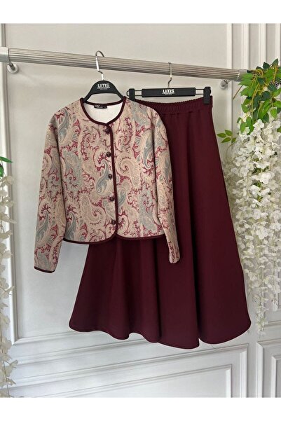 TrendParis Ethnic Patterned Stylish Diver Fabric Jacket & Skirt Two-Piece Set