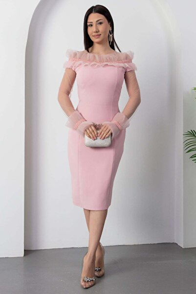 PULLIMM Strapless Neckline Chest Sleeve Beading Detail Evening Dress 7652