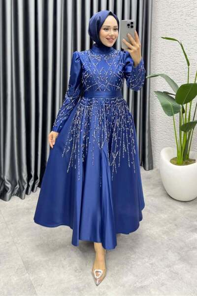 Kalemen Moda Elsa Taş Detaylı Saten Abiye 6635 Lacivert
