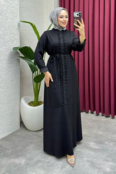 Kalemen Moda Ebru Düğme Detaylı Oyşo Elbise 6416 Siyah