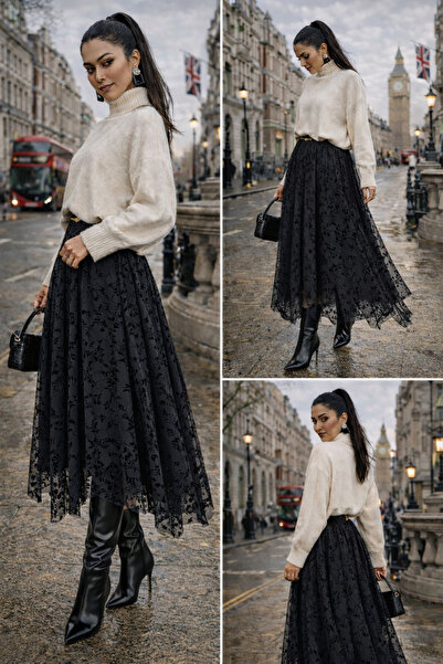 Gugus Women's Flock Printed Lined Tulle Asymmetrical Skirt