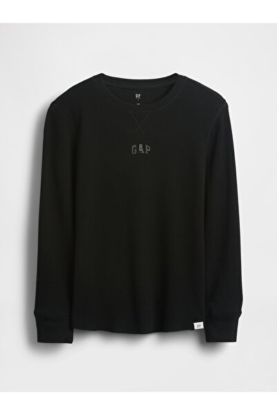 GAP Erkek Çocuk Siyah Mini Logo Waffle-Knit T-Shirt