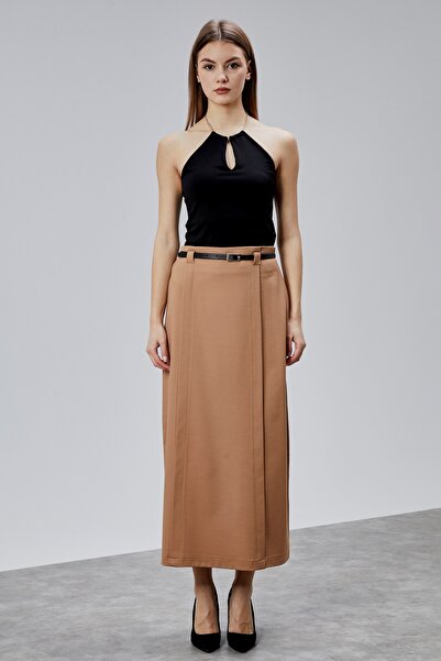 Bolivente Light Mink Belted High Waist Pleated Pencil Skirt
