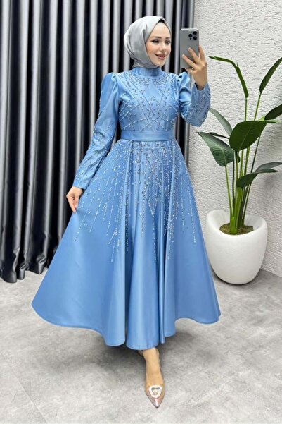 Kalemen Moda Elsa Taş Detaylı Saten Abiye 6635 Bebe Mavisi