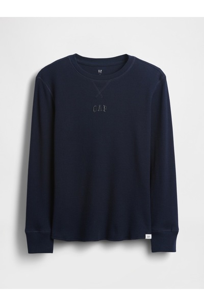 GAP Erkek Çocuk Lacivert Mini Logo Waffle-Knit T-Shirt