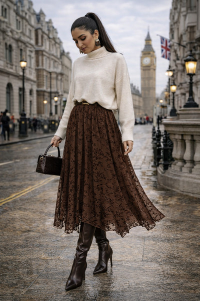 Gugus Women's Flock Printed Lined Tulle Asymmetrical Skirt