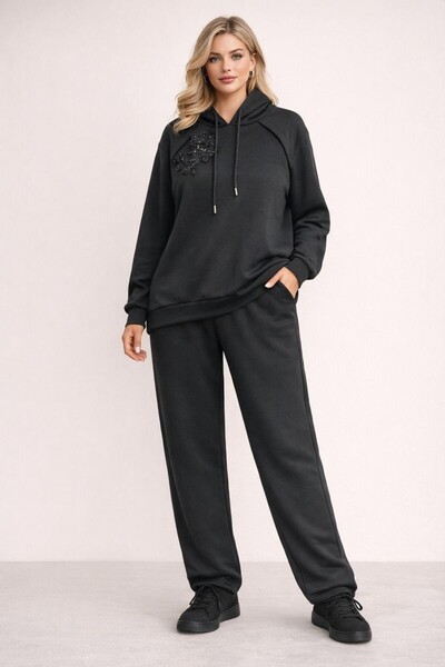 RMG Floral Appliqued Plus Size Hooded Tracksuit Set Black