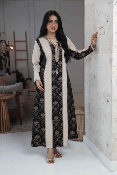 TREN Luxe Black Cream Floral Jacquard Abaya - Embroidered Long Sleeve Modest ...