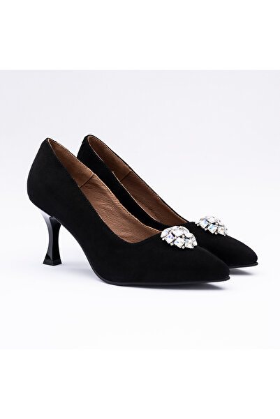 VAGAM Black Genuine Leather Shoes with Thin Heels