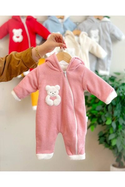 hümabebe بدلة شتوية من القطيفة الناعمة مع تفاصيل دب تيدي وسحاب داخلي للارتداء...