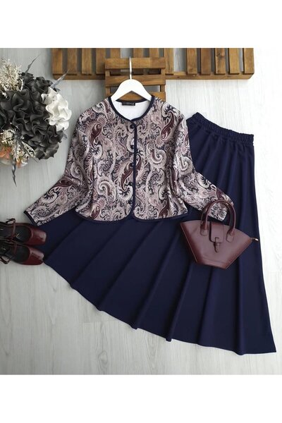 TrendParis Ethnic Patterned Stylish Diver Fabric Jacket & Skirt Two-Piece Set