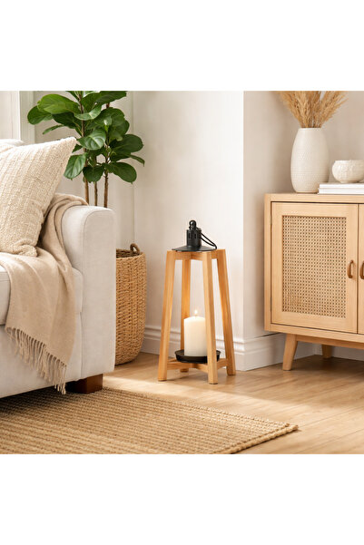 Vi Markets Natural wooden candlestick - black metal