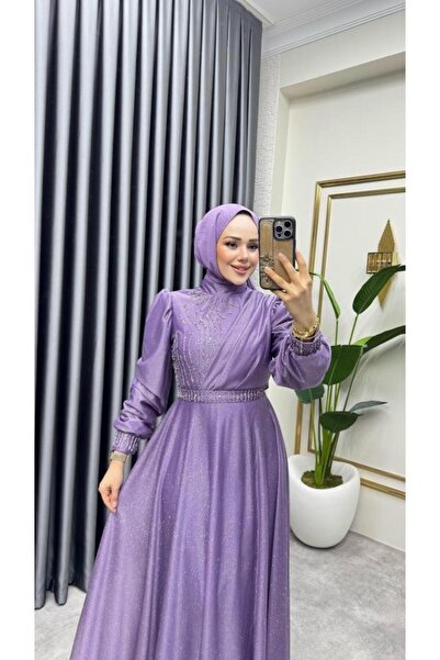 Kalemen Moda Taş İşlemeli Simli Abiye 6638 Lila