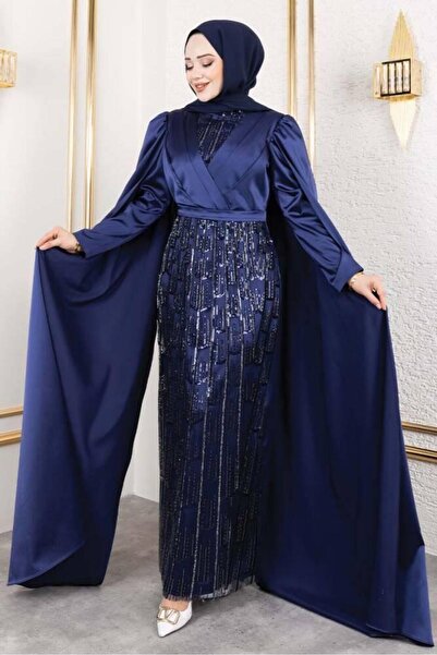 Kalemen Moda Önü Drape Detalı Saten Abiye 8016 Lacivert