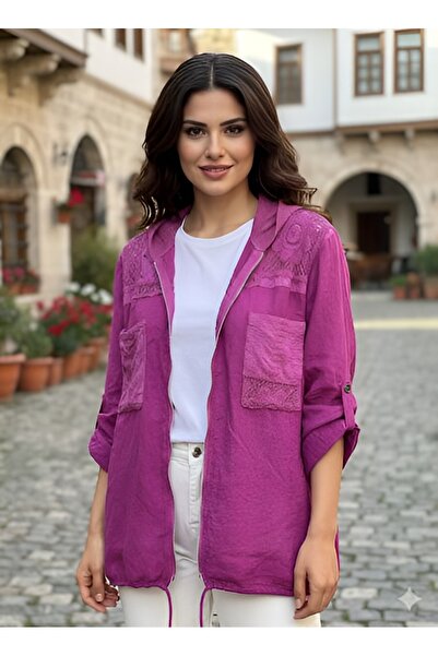 AGORATEKSTİL Women's Original Italian Zippered Lace Mesh K Hooded Jacket