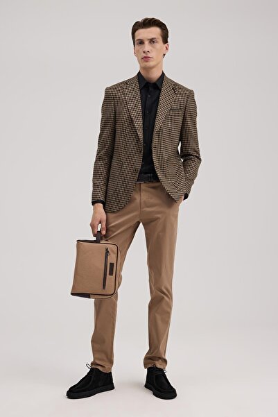 Jakamen Καφέ σακάκι με μονό γιακά και σχέδιο ράμφους κοτόπουλου, σε στενή γραμμή