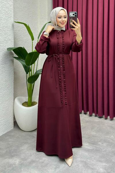 Kalemen Moda Ebru Düğme Detaylı Oyşo Elbise 6416 Bordo