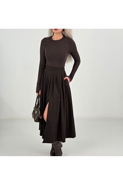 KAROL Kadın Kahverengi Yırtmaç Detaylı Yüksek Bel Midi Etek