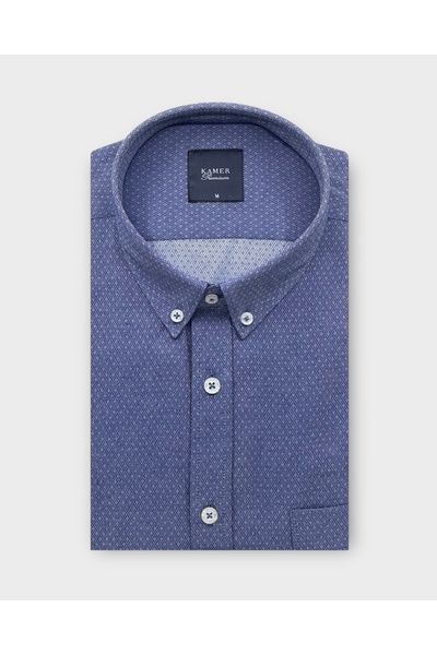 KAMER Regular Fit Long Sleeve Button-Up Collar Patterned Dark Blue Shirt 4076Km