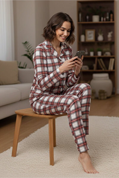 DOFİ Γυναικείο σετ πιτζάμες με καρό σχέδιο και κουμπιά - Πολύχρωμο