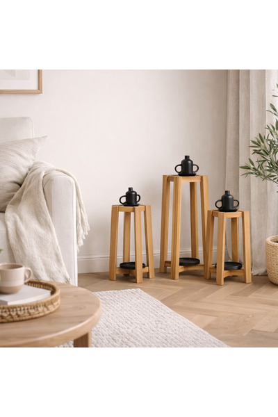 Vi Markets Natural Wooden Candlestick Set - Black Metal