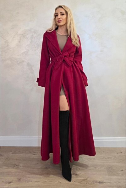 FashionForYou Long Coat with Buttons Merina, Pleats and Belt, Red, Size S/M/L