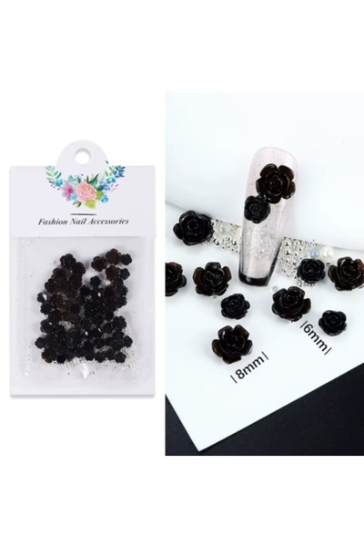 Pink Nails 3D Flower Set Black Pearls