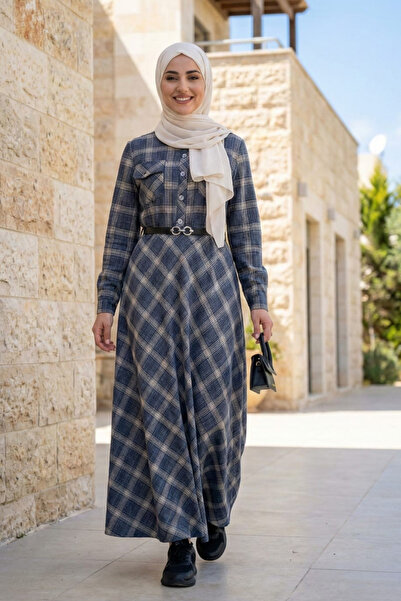 Hb Harma Time Butik Women's Buttoned Belted Gray Plaid Fabric Dress