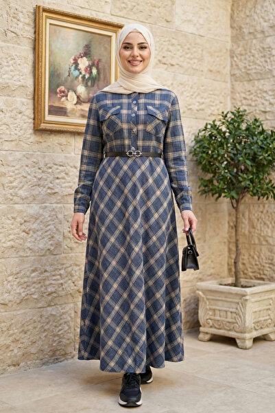 Hb Harma Time Butik Women's Buttoned Belted Navy Blue Plaid Fabric Dress