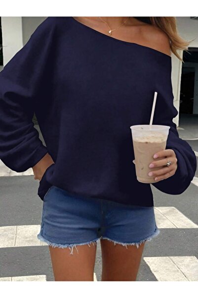 OVER HEAD Kadın Düz Kayık Yaka Oversize Sweatshirt