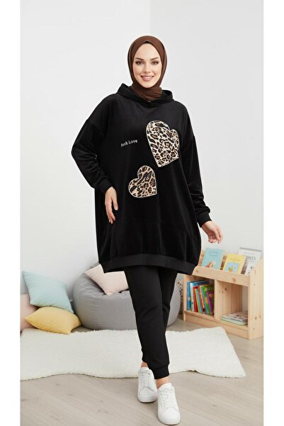 moda paketi Leopard Heart Detailed Hooded Oversized Fleece Top – Casual Comfo...
