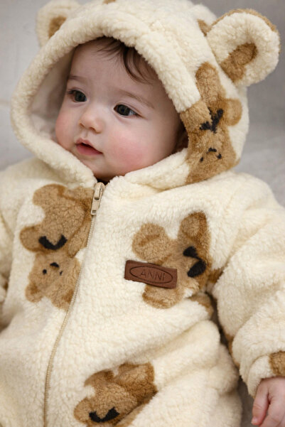CANİNİ BEBE Kapüşonlu Ayıcık Desenli Peluş Bebek Tulum