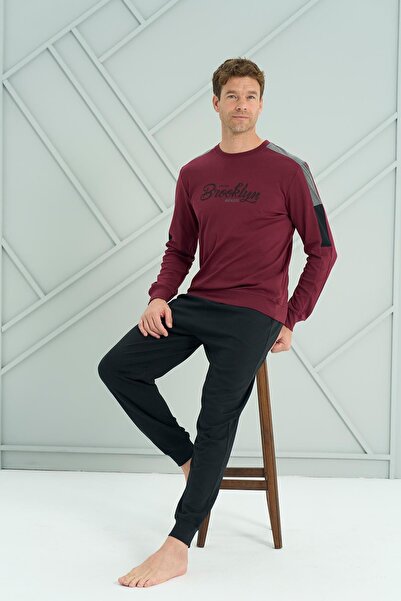 Owersleep طقم بيجامة رجالي بياقة دائرية من قماش الإنترلوك |   بوردو 2225