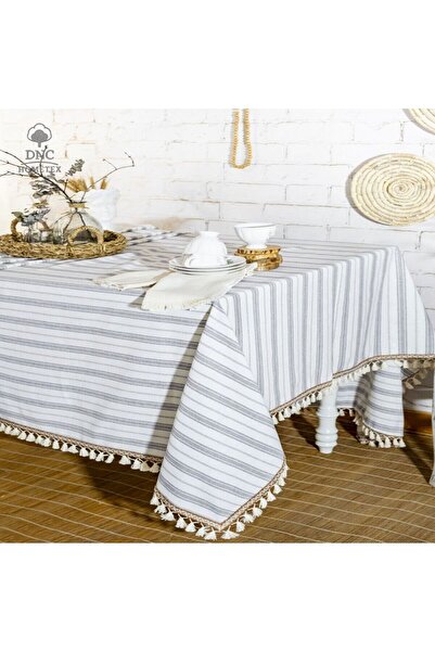 DNC HOMETEX مفرش طاولة مخطط باللون الرمادي مع خطوط بنية