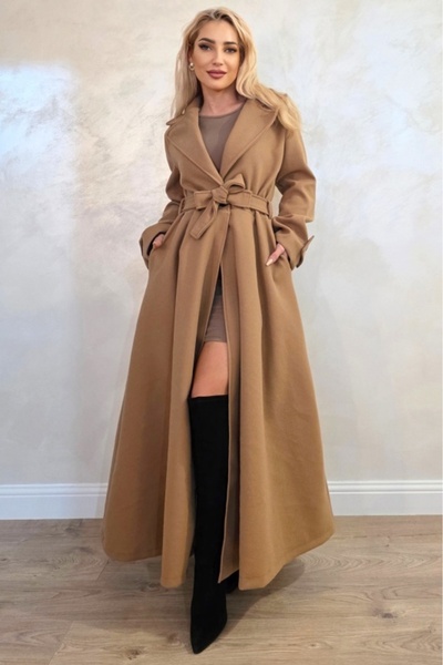 FashionForYou Long Coat with Buttons Merina, Pleats and Belt