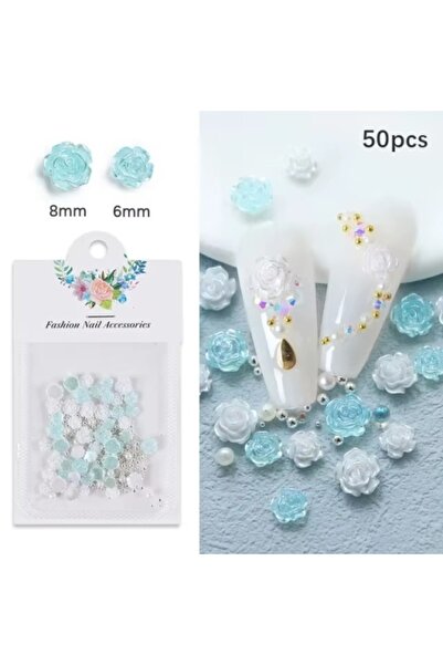 Pink Nails 3D Flower Set Blue Opal Pearls