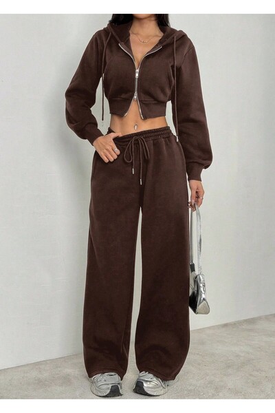 Eva Sunset Women's Brown Wide Leg 3 Thread Fleece Winter Sweatpants