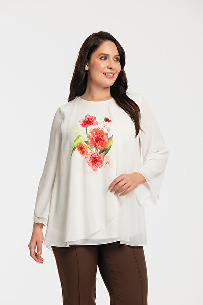 MİYORO Flower on the Front Printed Plus Size Chiffon Blouse