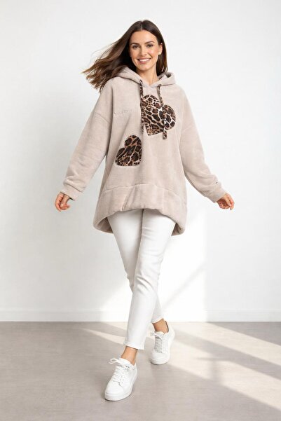 moda paketi Leopard Heart Detailed Hooded Oversized Fleece Top – Casual Comfo...