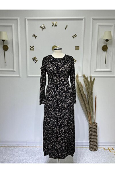 ModaMinar Kadın Yeni Sezon Yakası Biye Modelli Yaprak Desen Anne Elbisesi