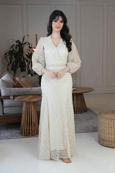 TREN Elegant Cream Lace Maxi Dress with Balloon Sleeves and Belt for Evening ...