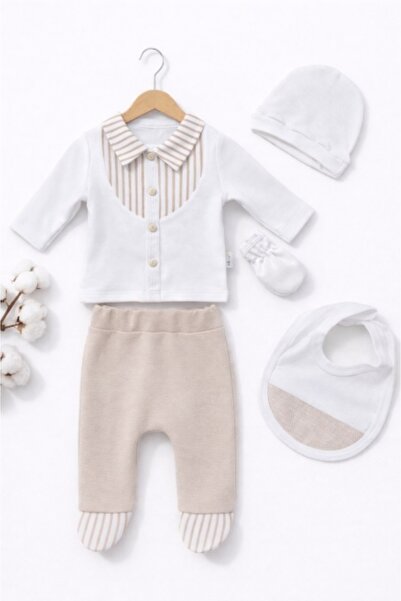 Superbaby 5-piece white-beige baby set, premium cotton, complete outfit with bib