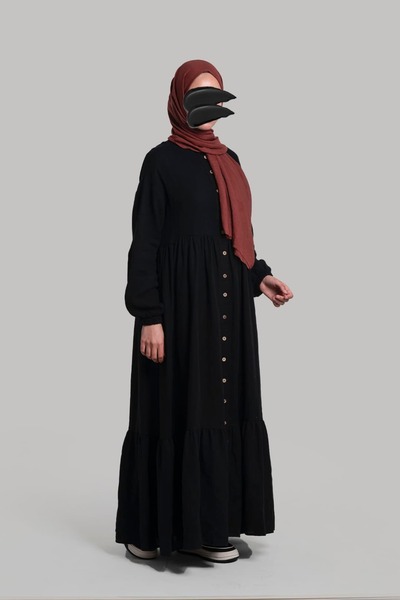 Lemaye Tam Boy Düğmeli Müslin Elbise - Siyah